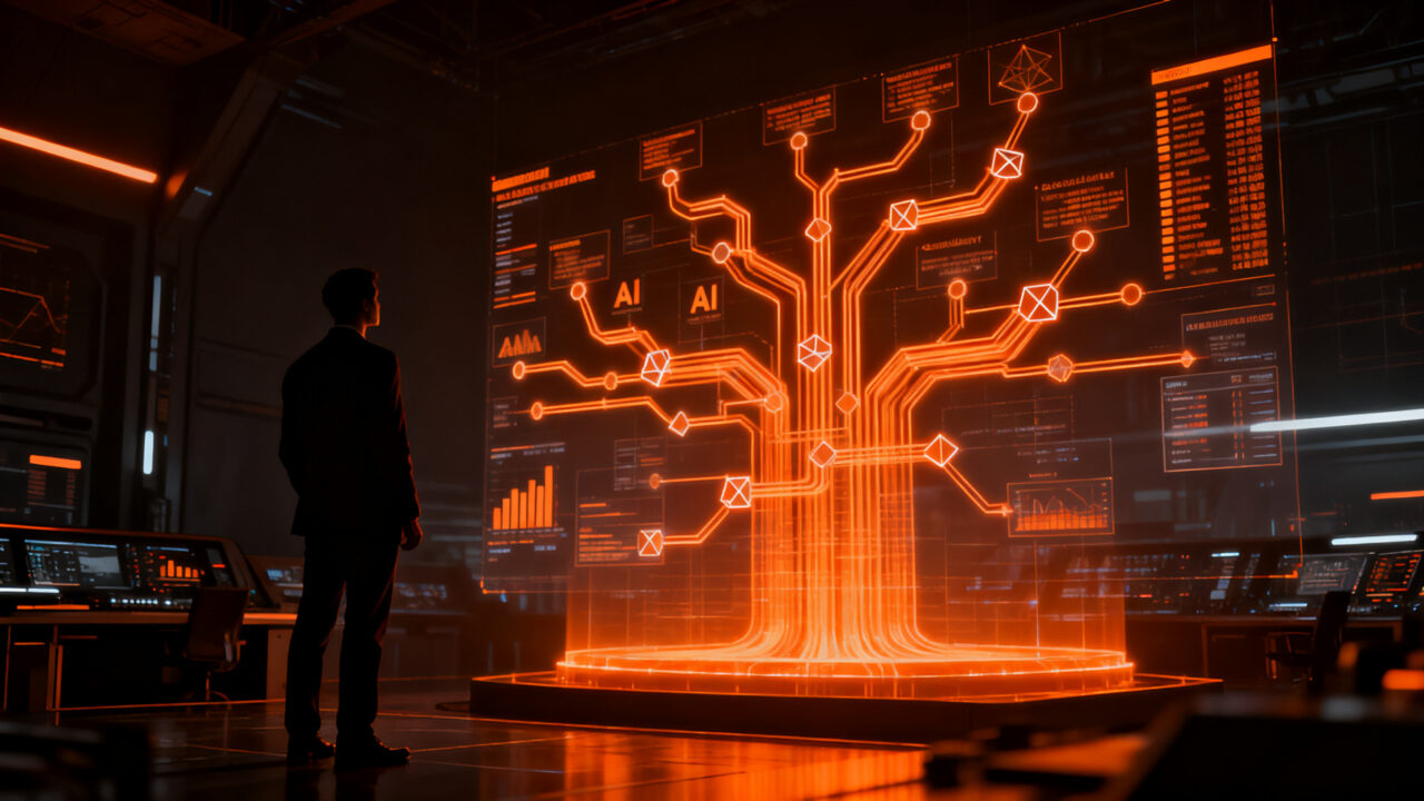Analista utilizando IA predictiva para la toma de decisiones estratégicas y análisis de escenarios en un entorno digital.
