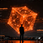 CISO supervisando una red neuronal de IA para gestionar riesgos de ciberseguridad y evitar alucinaciones.