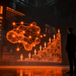 Estratega de marketing analizando métricas de ROI y marca mediante inteligencia artificial en un entorno futurista.