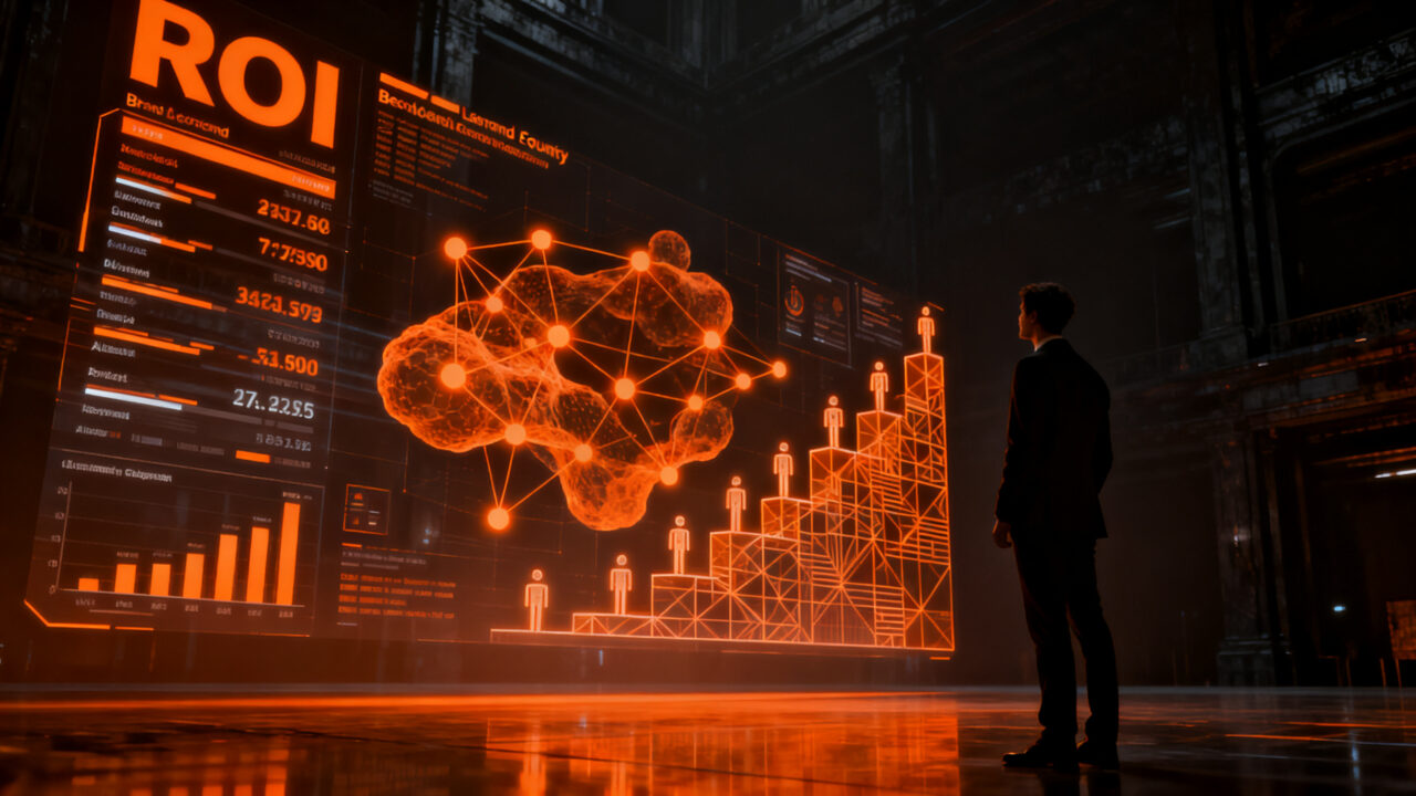 Estratega de marketing analizando métricas de ROI y marca mediante inteligencia artificial en un entorno futurista.