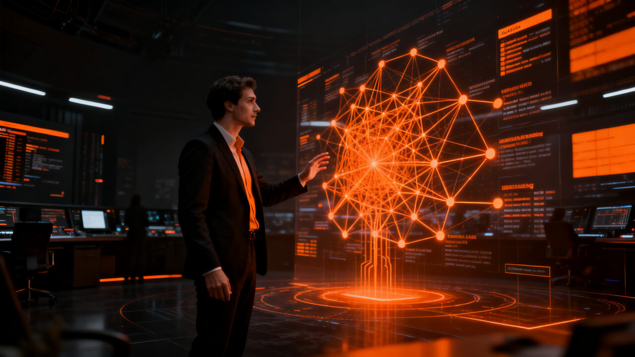 Estratega de marketing digital utilizando inteligencia artificial para analizar redes sociales, representando la transición del contenido al juicio estratégico.