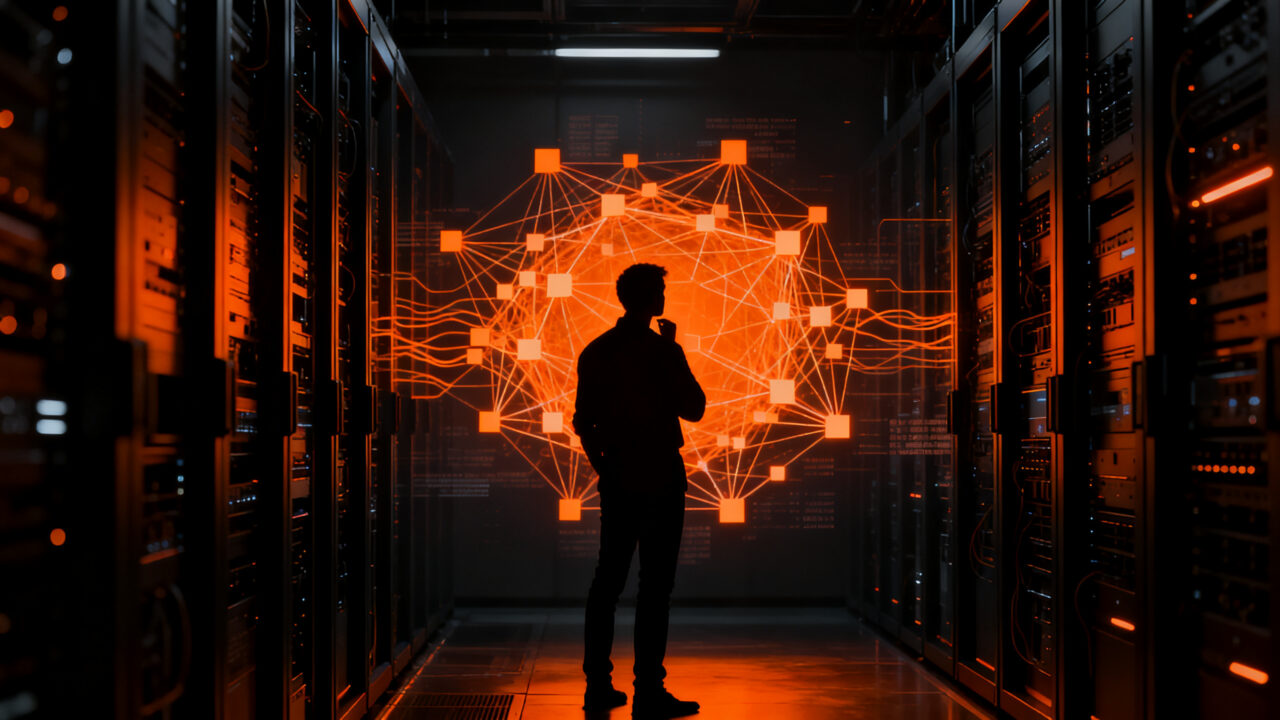 Programador analizando la falta de agencia y motivación en la inteligencia artificial frente a un panel de datos complejos.