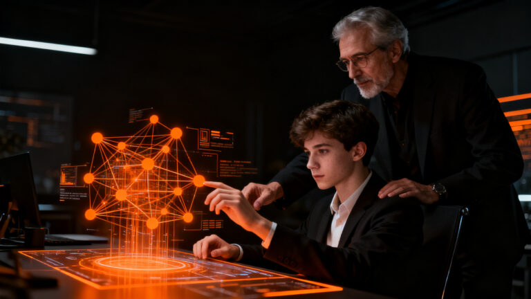 Un mentor profesional observando a un joven desarrollador trabajar con IA, representando la gestión de talento junior en la era de la automatización.