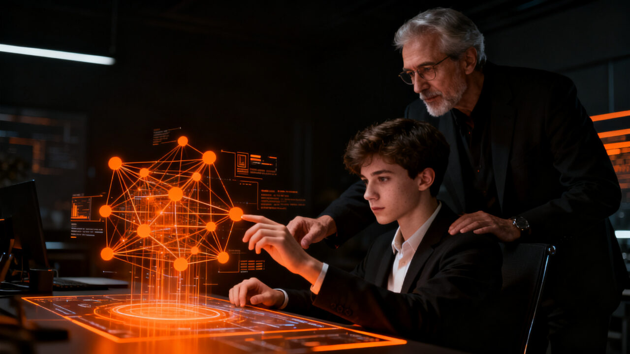 Un mentor profesional observando a un joven desarrollador trabajar con IA, representando la gestión de talento junior en la era de la automatización.