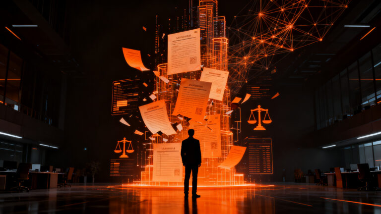 Profesional en un entorno de oficina futurista analizando datos digitales mientras la inteligencia artificial transforma las carreras de contabilidad, derecho y administración.
