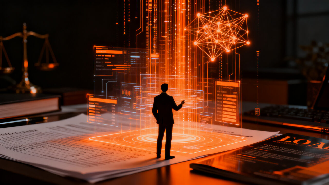 Profesionales trabajando junto a interfaces de inteligencia artificial, representando la transformación digital en contabilidad y derecho.