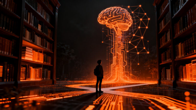 Debate entre inteligencia artificial y educación universitaria, representando el futuro del aprendizaje tecnológico.