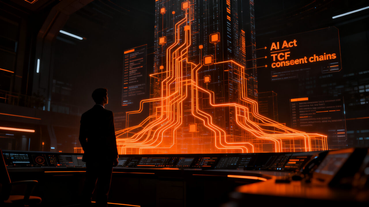 Ejecutivo analizando estructuras de datos y normativa de IA en publicidad digital para IAB Spain.