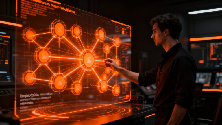 Arquitecto de automatización supervisando flujos de datos seguros y sin duplicados en n8n, representando la idempotencia en APIs.