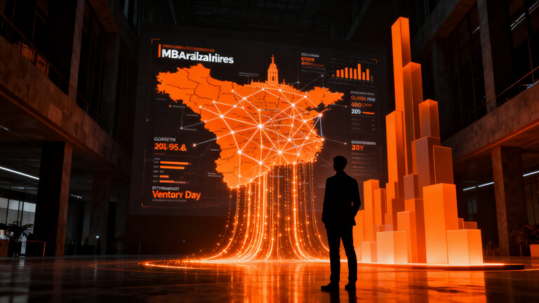 Estudiante de MBA de IE University en un entorno de negocios futurista con gráficos de datos y luces de Venture Day, representando el éxito académico y startup.