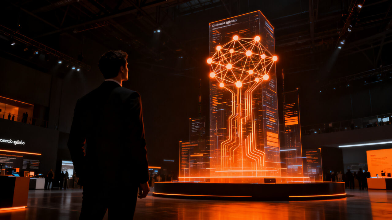 Ejecutivo de startup observando una proyección futurista de redes de IA de las cosas y comercio agéntico en la feria IFA Berlín 2026.