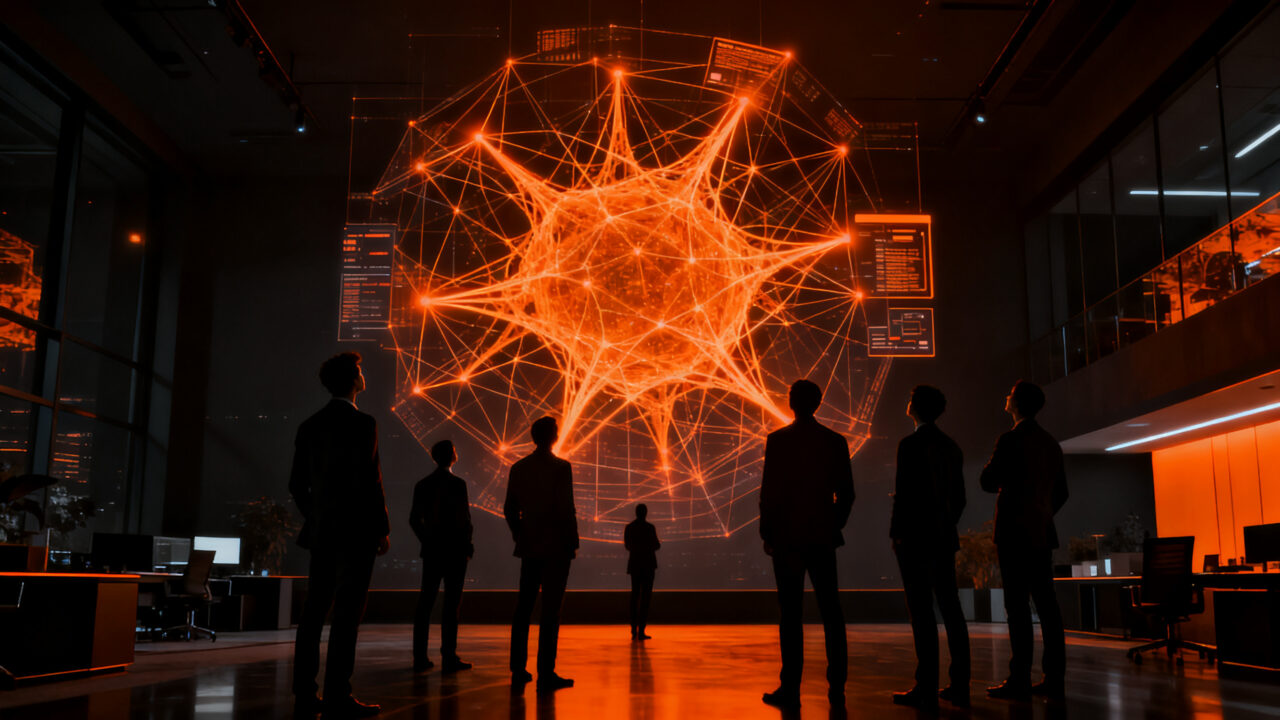 Profesionales analizando datos de inteligencia artificial en un entorno corporativo futurista, representando la transformación digital de las empresas.
