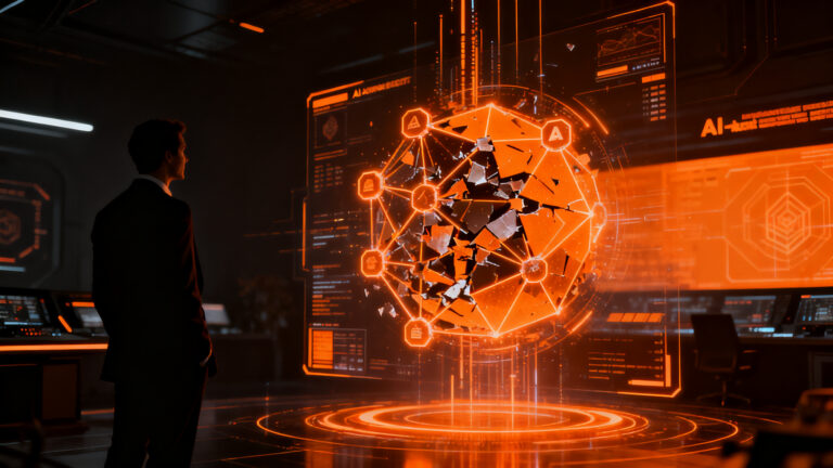 Estratega de venture capital analizando una red de ciberseguridad impulsada por IA, representando el futuro de la protección en la era de los agentes.