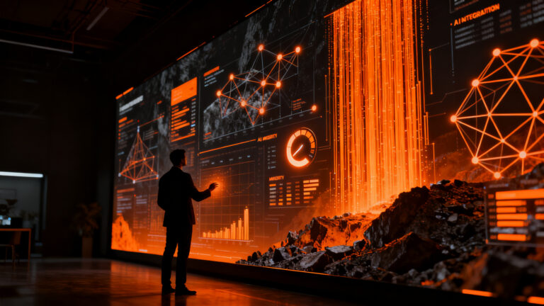 Gráfico de barras digital y silueta de experto analizando IA en la industria minera chilena para el índice de transformación digital.