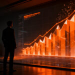 Gráfico de tendencia económica argentina con silueta de empresario analizando datos financieros, representando la inflación y la cautela en el mercado.