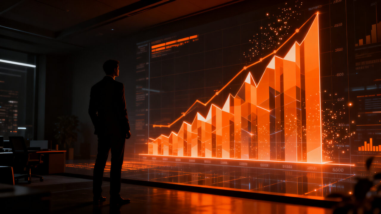 Gráfico de tendencia económica argentina con silueta de empresario analizando datos financieros, representando la inflación y la cautela en el mercado.