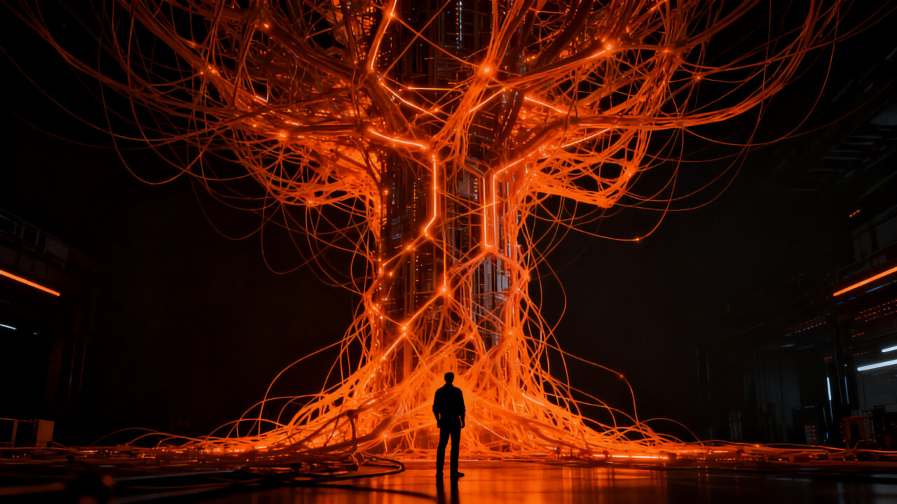 Ingeniero frente a una red neuronal masiva, representando el dilema ético y la velocidad del desarrollo de la IA en startups.