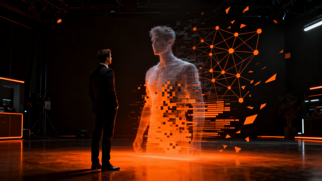 Estratega digital analizando un avatar virtual en una interfaz de red social, representando la nueva regulación de Instagram sobre contenido generado por IA.