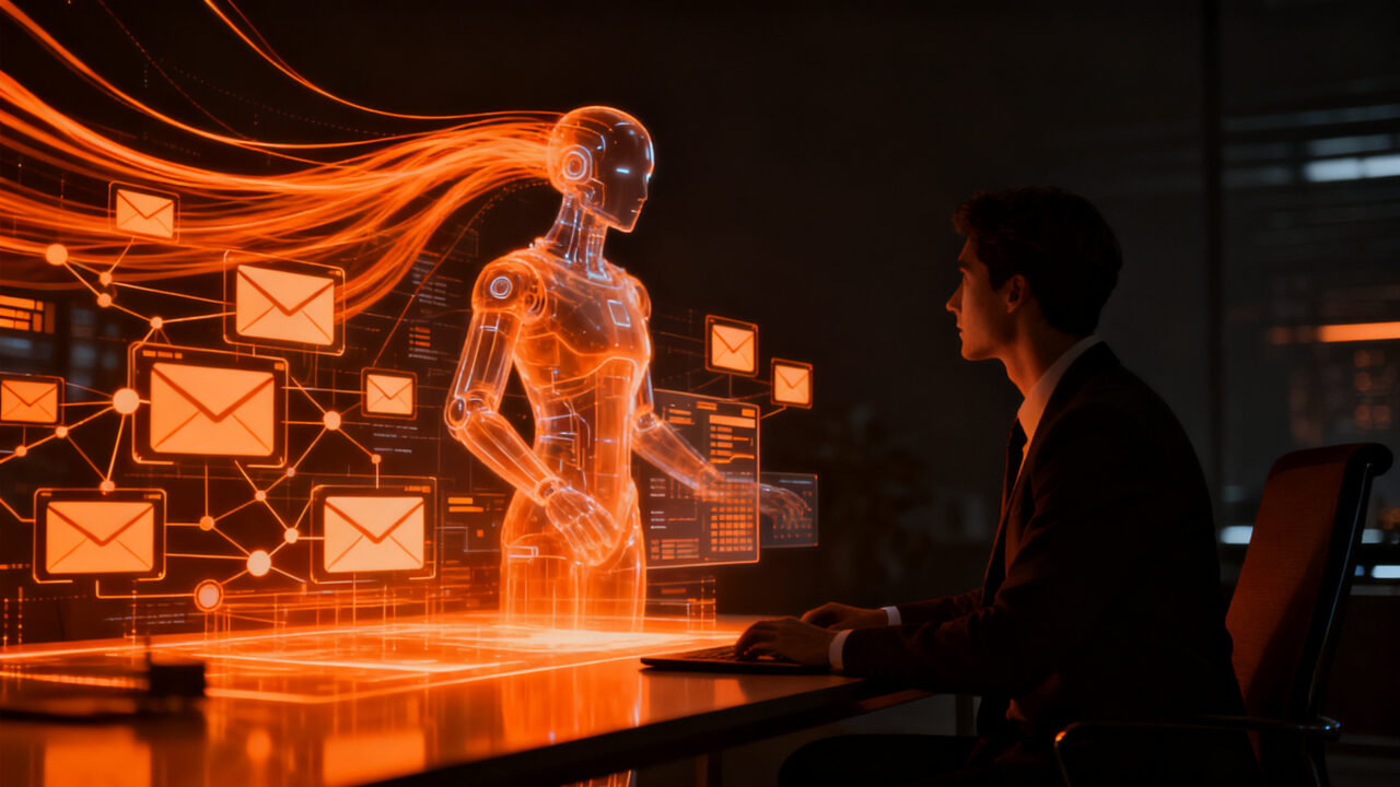 Agente de IA de Instinct operando correos electrónicos de forma autónoma, representando el futuro de la automatización inteligente.