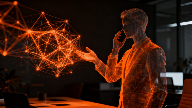 Agente de inteligencia artificial realizando una llamada telefónica, representando la nueva era de los asistentes personales automatizados.