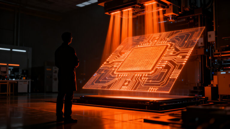 Ingeniero analizando obleas de silicio en una planta de fabricación de chips avanzada, representando la ventaja competitiva de Intel con tecnología High-NA.