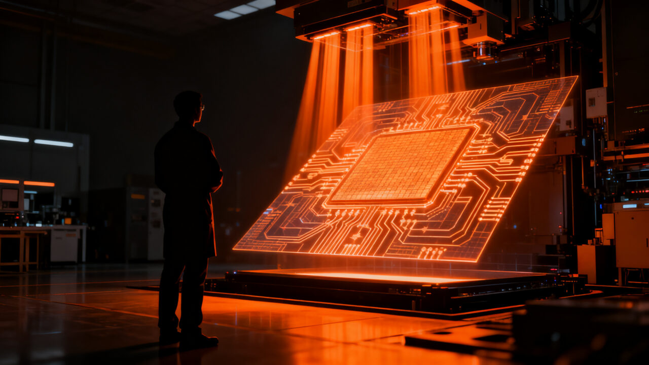 Ingeniero analizando obleas de silicio en una planta de fabricación de chips avanzada, representando la ventaja competitiva de Intel con tecnología High-NA.