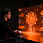 Un emprendedor analizando interfaces de inteligencia artificial avanzada, representando la inversión estratégica en herramientas IA para la productividad de startups.