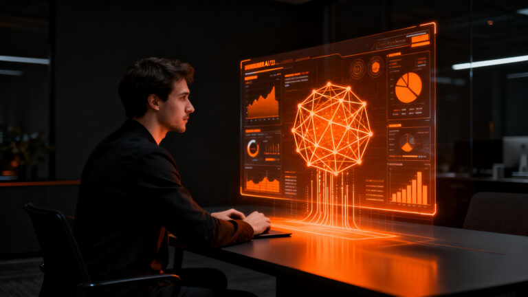 Un emprendedor analizando interfaces de inteligencia artificial avanzada, representando la inversión estratégica en herramientas IA para la productividad de startups.