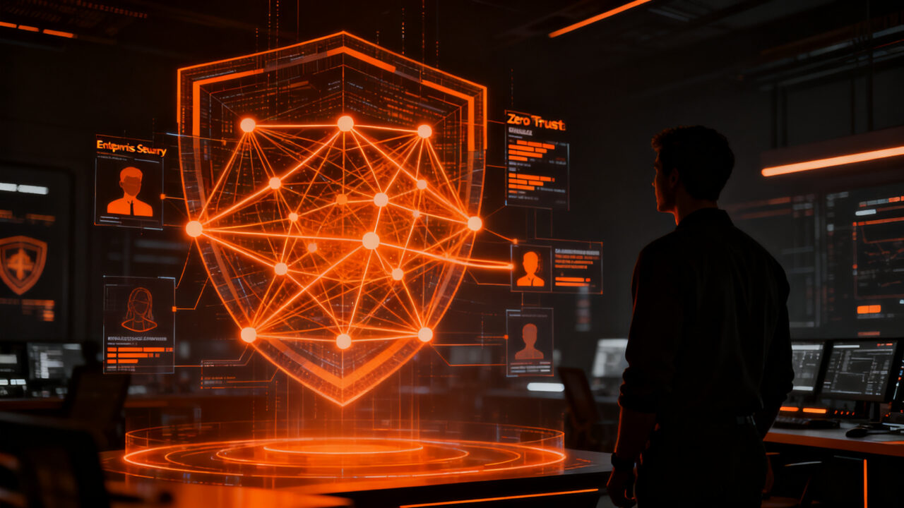 Estratega tecnológico supervisando una red de ciberseguridad con IA, representando la resiliencia empresarial ante amenazas digitales.
