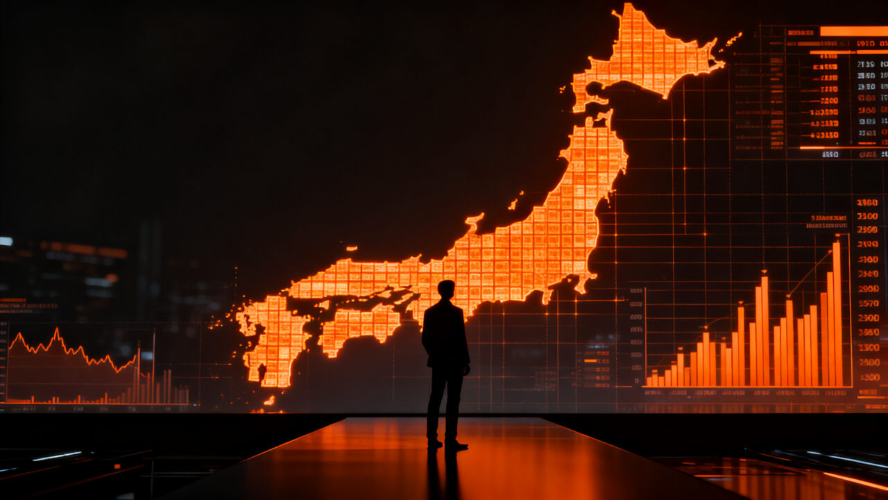 Un profesional tecnológico frente a un horizonte digital de Japón, representando los nuevos desafíos migratorios y la residencia permanente.