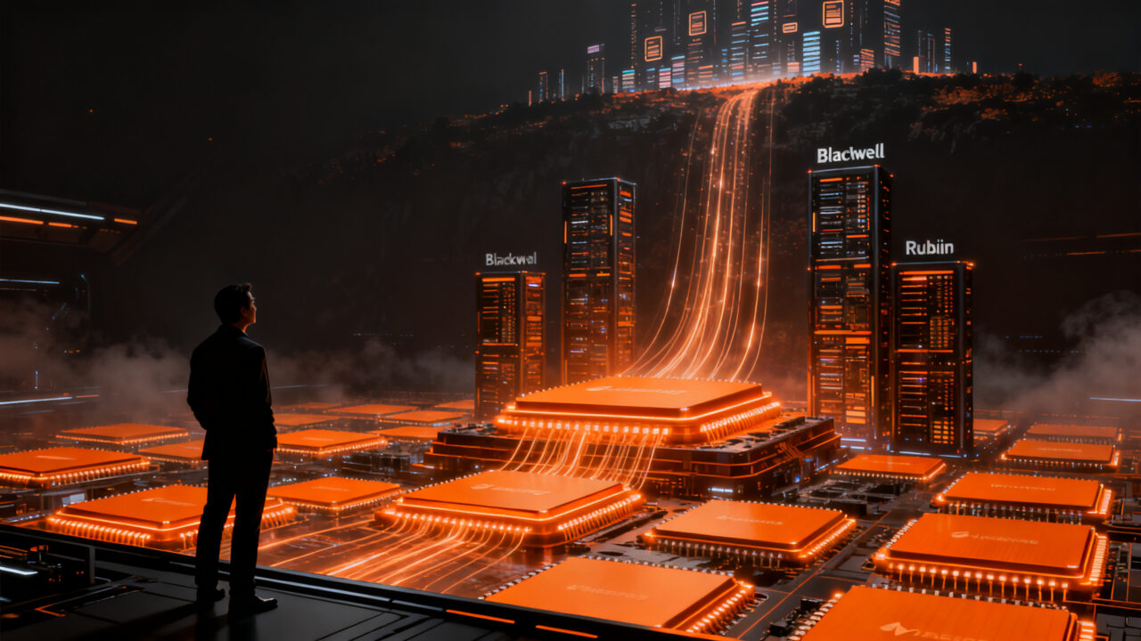 Jensen Huang liderando la expansión de chips de IA Nvidia Blackwell y Rubin hacia 2027.