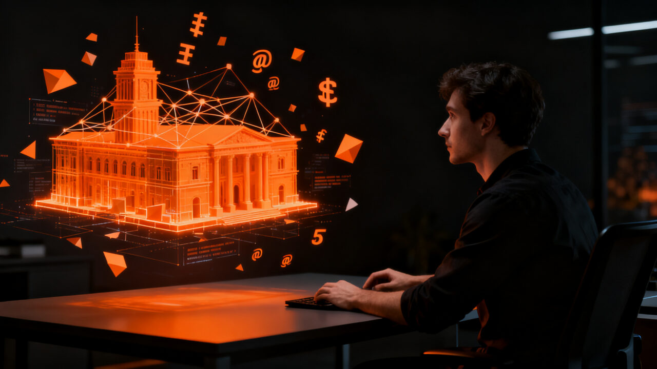Visualización creativa de un chatbot basado en TypeSafe AI procesando tokens símbolo a símbolo con estética tecnológica.