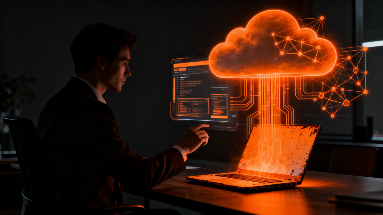Usuario utilizando un PC en la nube de JioPC en un entorno tecnológico moderno, representando la democratización de la IA y el cloud computing en India.