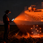 Agricultor utilizando asistente de IA en una tablet en un campo de cultivo, representando la agricultura de precisión y la tecnología John Deere.