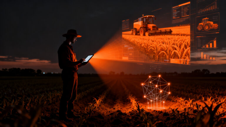 Agricultor utilizando asistente de IA en una tablet en un campo de cultivo, representando la agricultura de precisión y la tecnología John Deere.