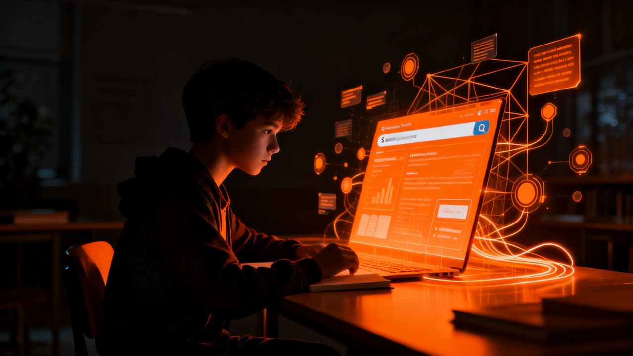 Jóvenes estudiantes utilizando herramientas de IA generativa para reemplazar buscadores tradicionales, representando el cambio en el comportamiento digital y el pensamiento crítico.