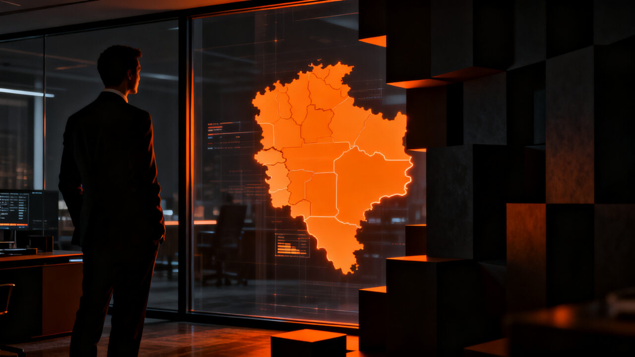 Ejecutivo financiero analizando un mapa de inversión de Bolivia con barreras constitucionales, representando el mercado LATAM y la inversión extranjera.