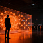 Marketer analizando datos de inteligencia artificial en una interfaz futurista, representando la inversión en IA y la brecha de confianza del consumidor.