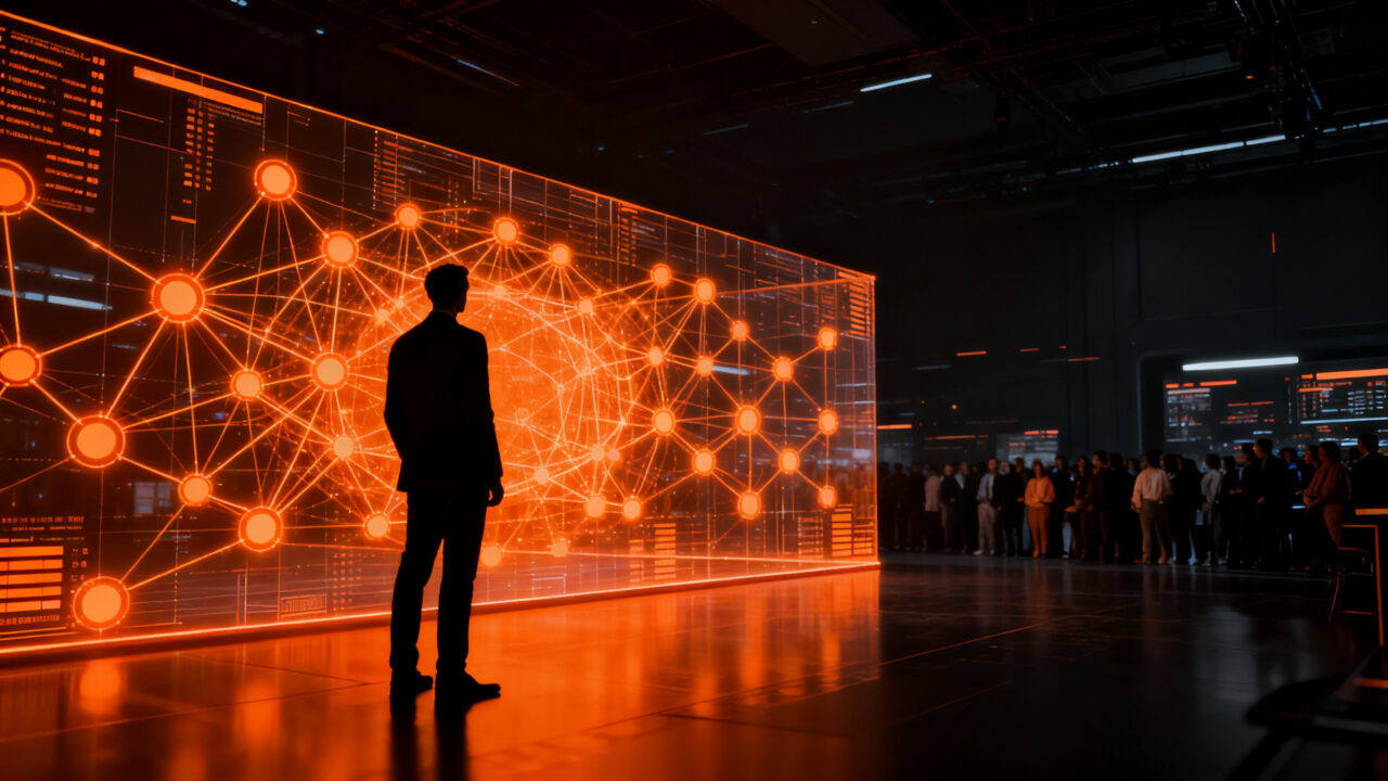 Marketer analizando datos de inteligencia artificial en una interfaz futurista, representando la inversión en IA y la brecha de confianza del consumidor.