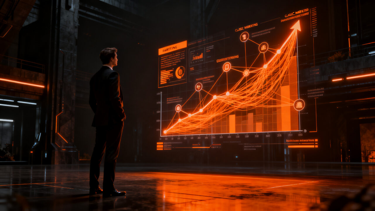 Estratega de marketing analizando datos complejos en una sala moderna, representando los fundamentos del marketing y la evolución táctica.