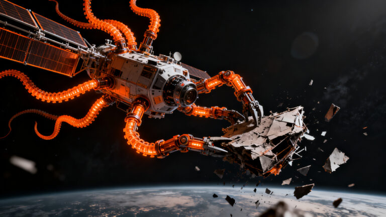 Startup de tecnología espacial KMI Space limpiando basura orbital con tecnología de tentáculos en el espacio.
