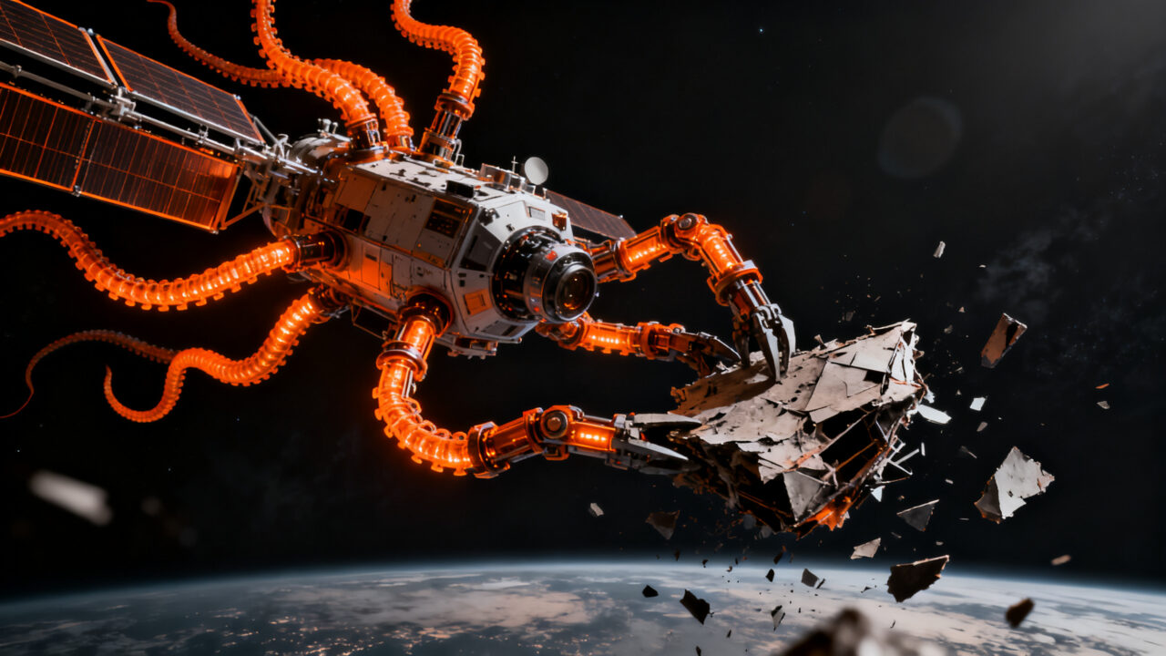 Startup de tecnología espacial KMI Space limpiando basura orbital con tecnología de tentáculos en el espacio.
