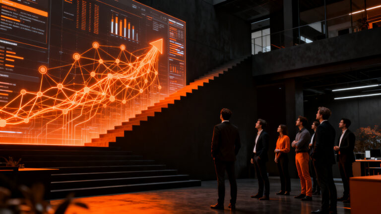 Emprendedores colaborando frente a un panel de datos de inteligencia artificial en la aceleradora Lanzadera.