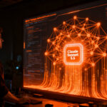 Representación visual de la eficiencia de Claude Sonnet 5.5 en programación, mostrando una arquitectura de IA de alto rendimiento con tonos naranja y negro.