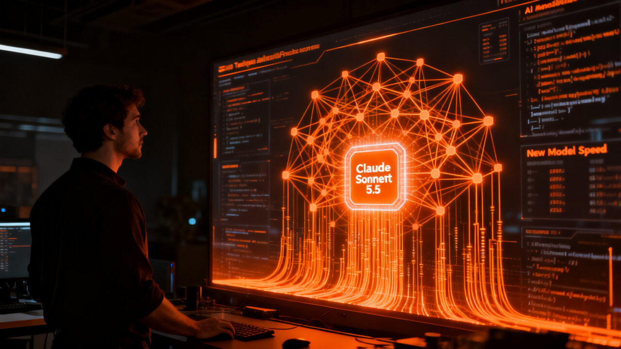 Representación visual de la eficiencia de Claude Sonnet 5.5 en programación, mostrando una arquitectura de IA de alto rendimiento con tonos naranja y negro.