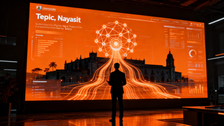 Consultor analizando datos de transformación digital para pymes en un observatorio tecnológico, representando la digitalización en México y LATAM.