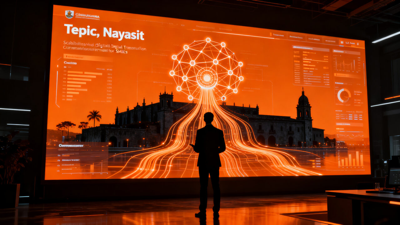 Consultor analizando datos de transformación digital para pymes en un observatorio tecnológico, representando la digitalización en México y LATAM.