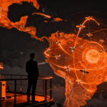 Geopolítica de la carrera espacial en Latinoamérica con una figura humana observando satélites y órbitas terrestres.