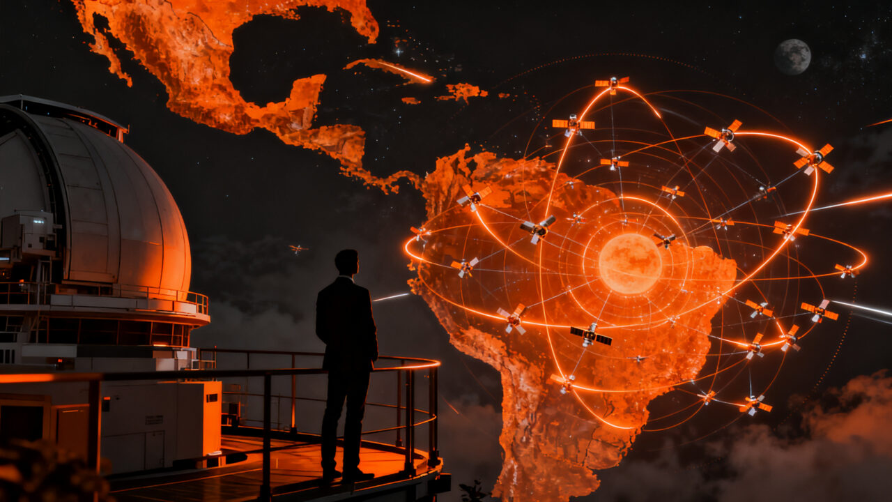 Geopolítica de la carrera espacial en Latinoamérica con una figura humana observando satélites y órbitas terrestres.