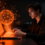 Profesional utilizando el nuevo portátil Lenovo Yoga Pro 9n con chip NVIDIA RTX Spark para desarrollo de inteligencia artificial local.